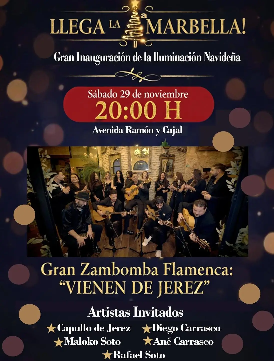 Poster for the Grand Flamenco Zambomba “Vienen de Jerez” in Marbella: dark blue background with golden lights, headline “Christmas arrives in Marbella – Grand Inauguration of the Christmas Lights”, date Saturday 29 November at 8:00 p.m. on Avenida Ramón y Cajal, central photo of a large flamenco group seated with guitars and clapping, and a list of guest artists: Capullo de Jerez, Diego Carrasco, Maloko Soto, Ané Carrasco and Rafael Soto.