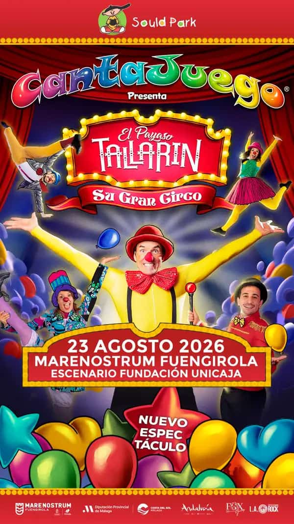 El Payaso Tallarín y su troupe actuando con fondo de circo colorido