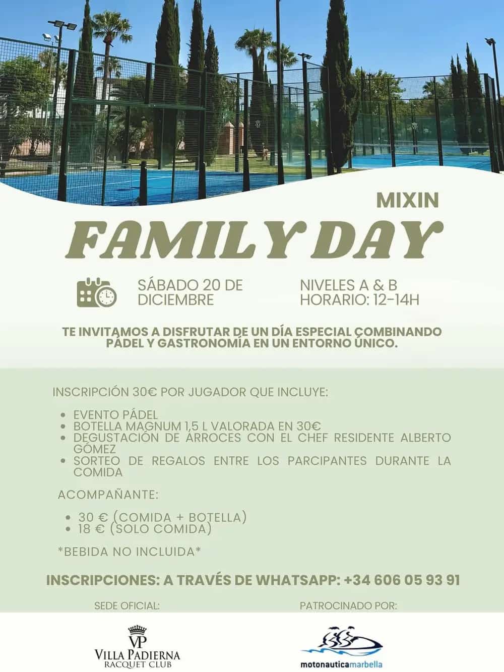 Cartel del evento Día Familiar en Villa Padierna Racquet Club, 20 de diciembre. Incluye íconos deportivos, un ambiente festivo familiar y detalles clave del evento como precios y actividades.