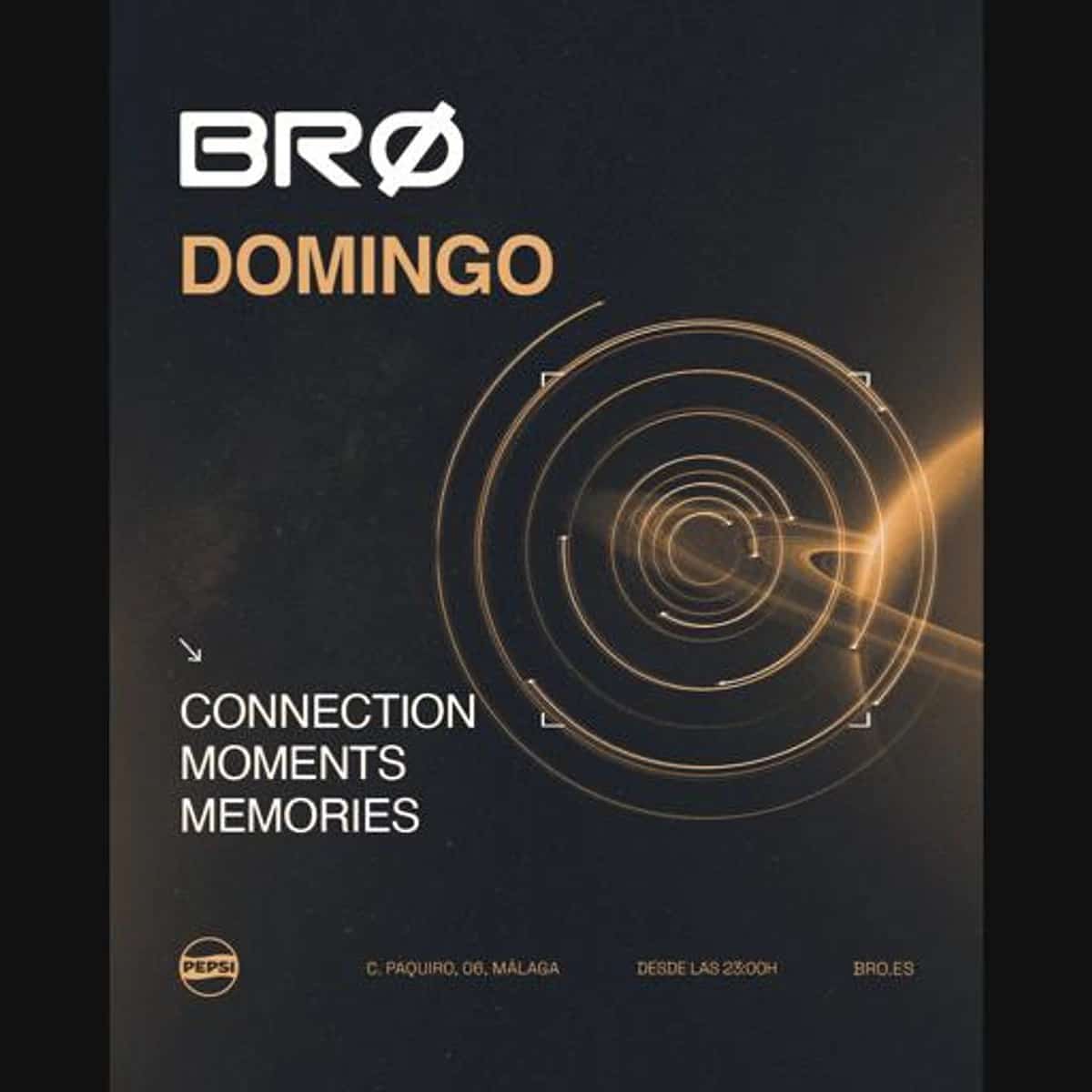 Cartel negro y dorado de ORUN x BRØ Málaga para el domingo 25 de octubre, con círculos concéntricos luminosos y el texto «Connection Moments Memories».