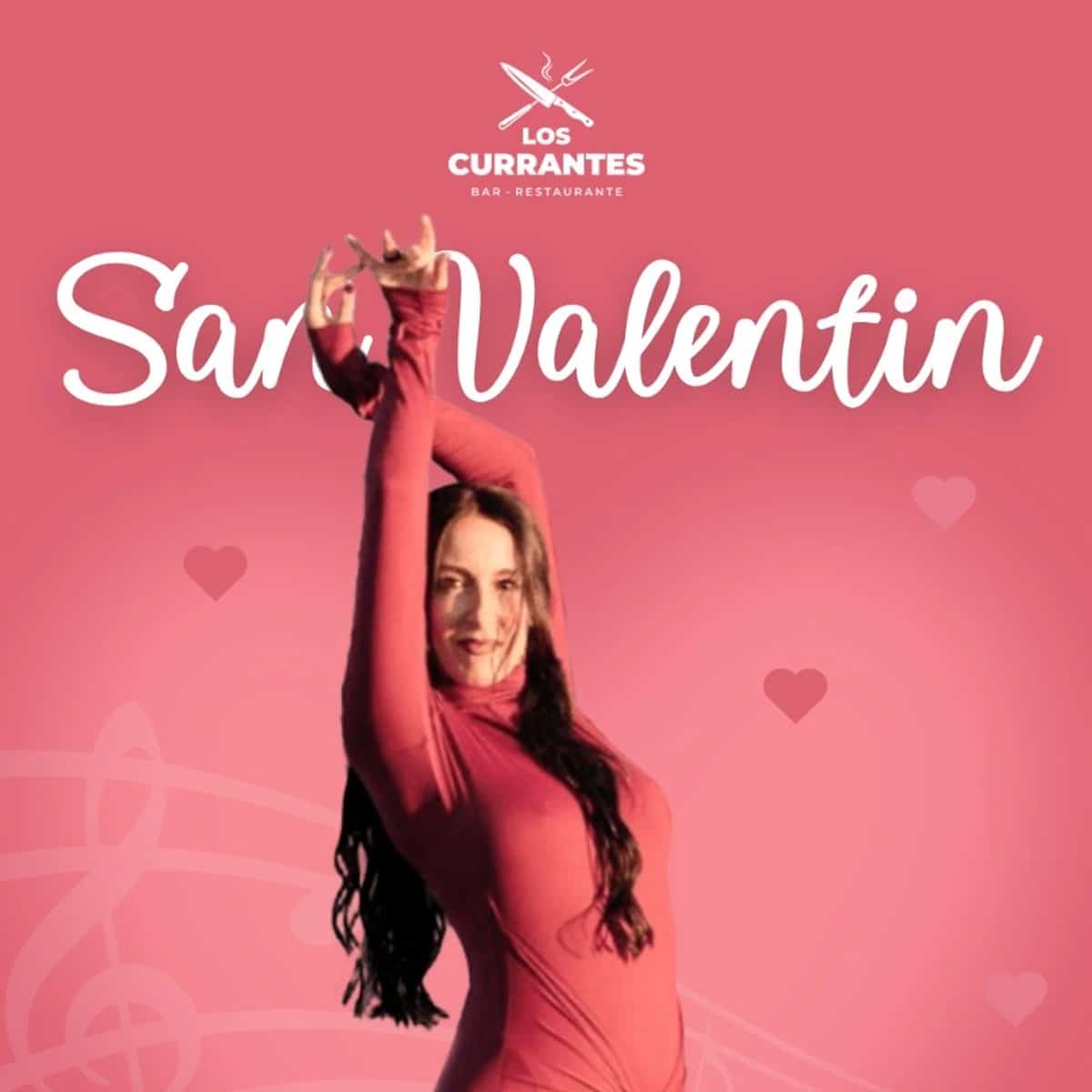 Cantante Eva Piñero con vestido rojo promocionando música en directo por San Valentín en Los Currantes Bar Restaurante desde las 22:00h.