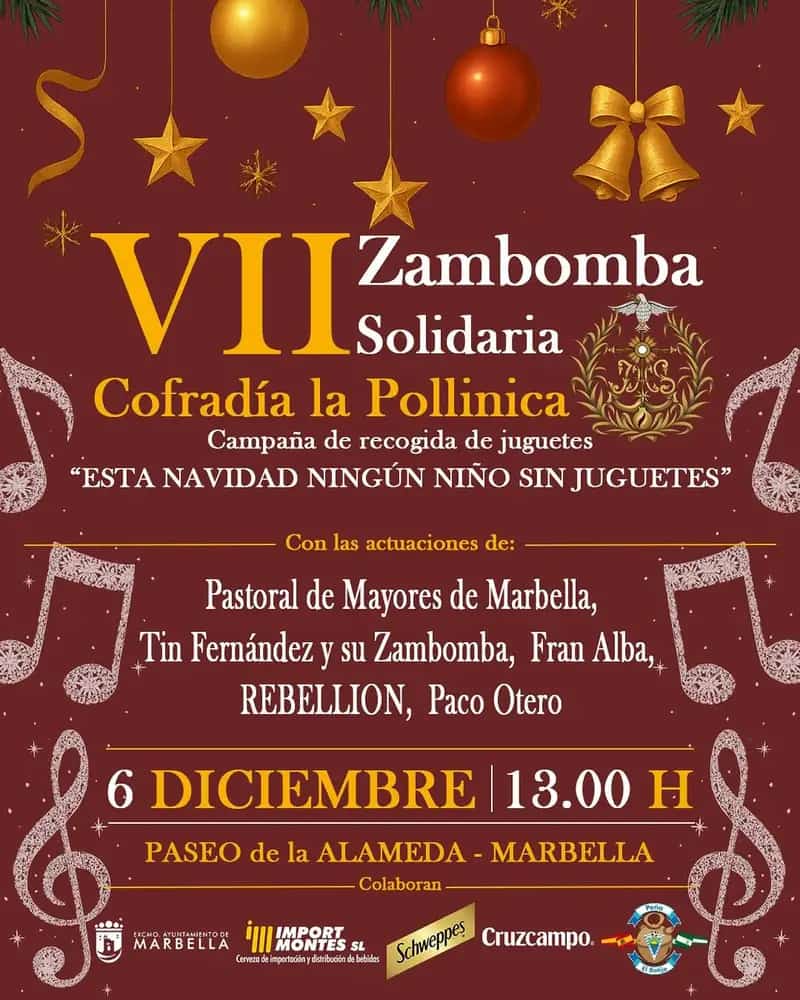 Cartel del evento VII Zambomba Solidaria en Marbella, con decoraciones festivas y detalles sobre el evento benéfico del 6 de diciembre.