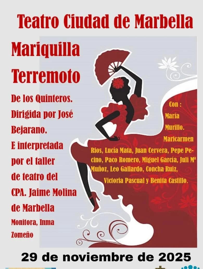 Poster for the theatre play “Mariquilla Terremoto” at Teatro Ciudad de Marbella, showing the title prominently with the Cofradía de la Columna logo and event information including date, time, ticket price (€6) and venue details.