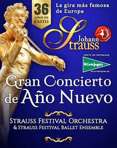 Strauss Festival Orchestra performing a New Year’s concert with classical musicians on stage in Málaga.