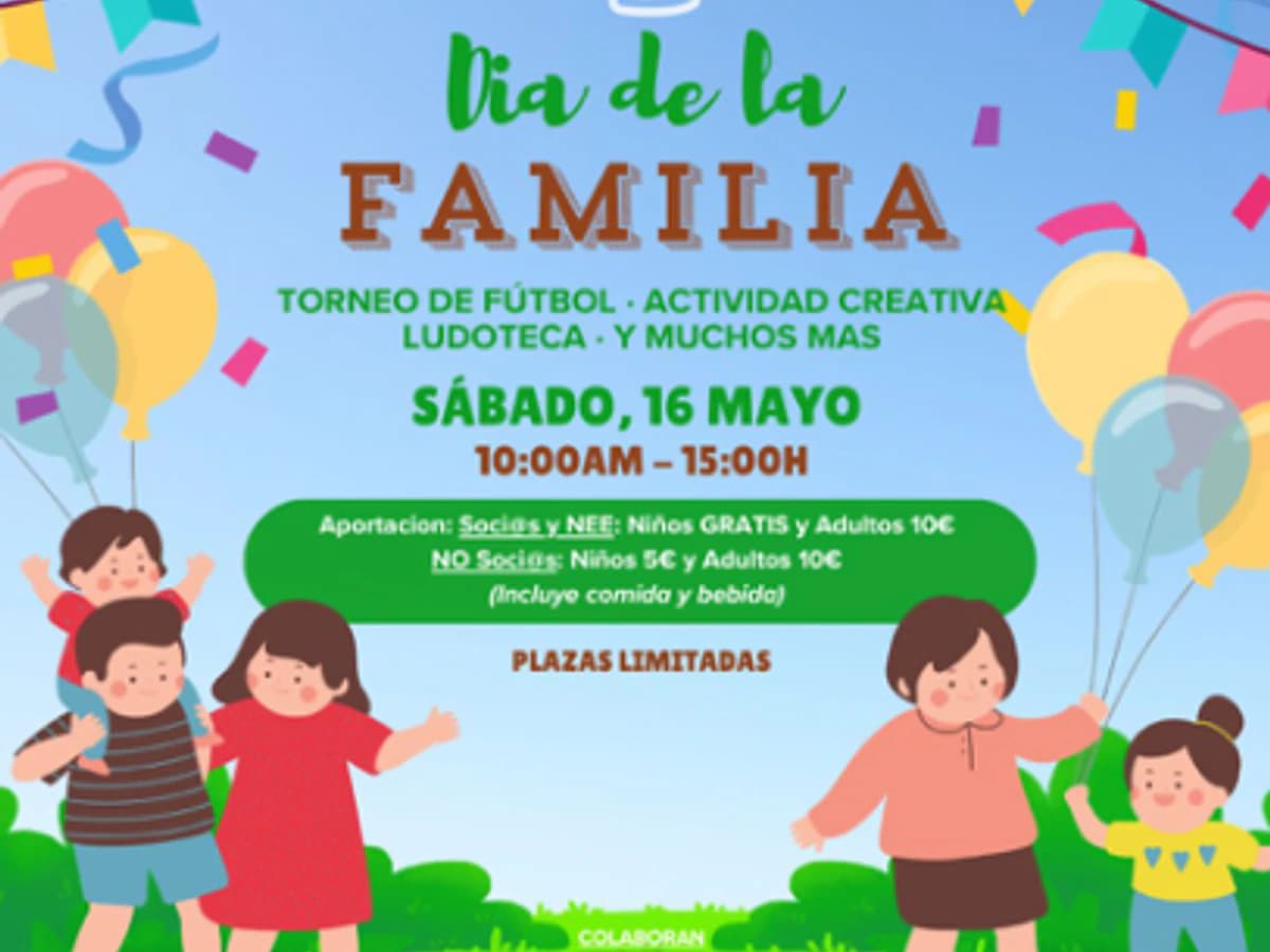 Poster for Family Day at Casa Ángeles with children’s illustrations, balloons and details of a family event in Marbella with football, play area and creative activities.