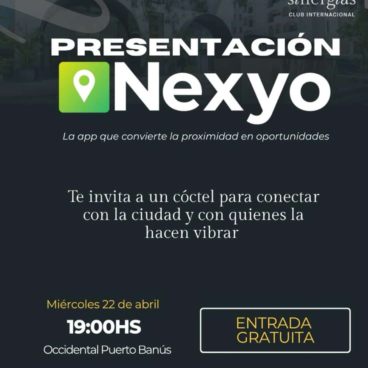 Promotional poster for Nexyo networking event in Marbella showing date, time, and location at Puerto Banús, highlighting free cocktail and limited capacity.