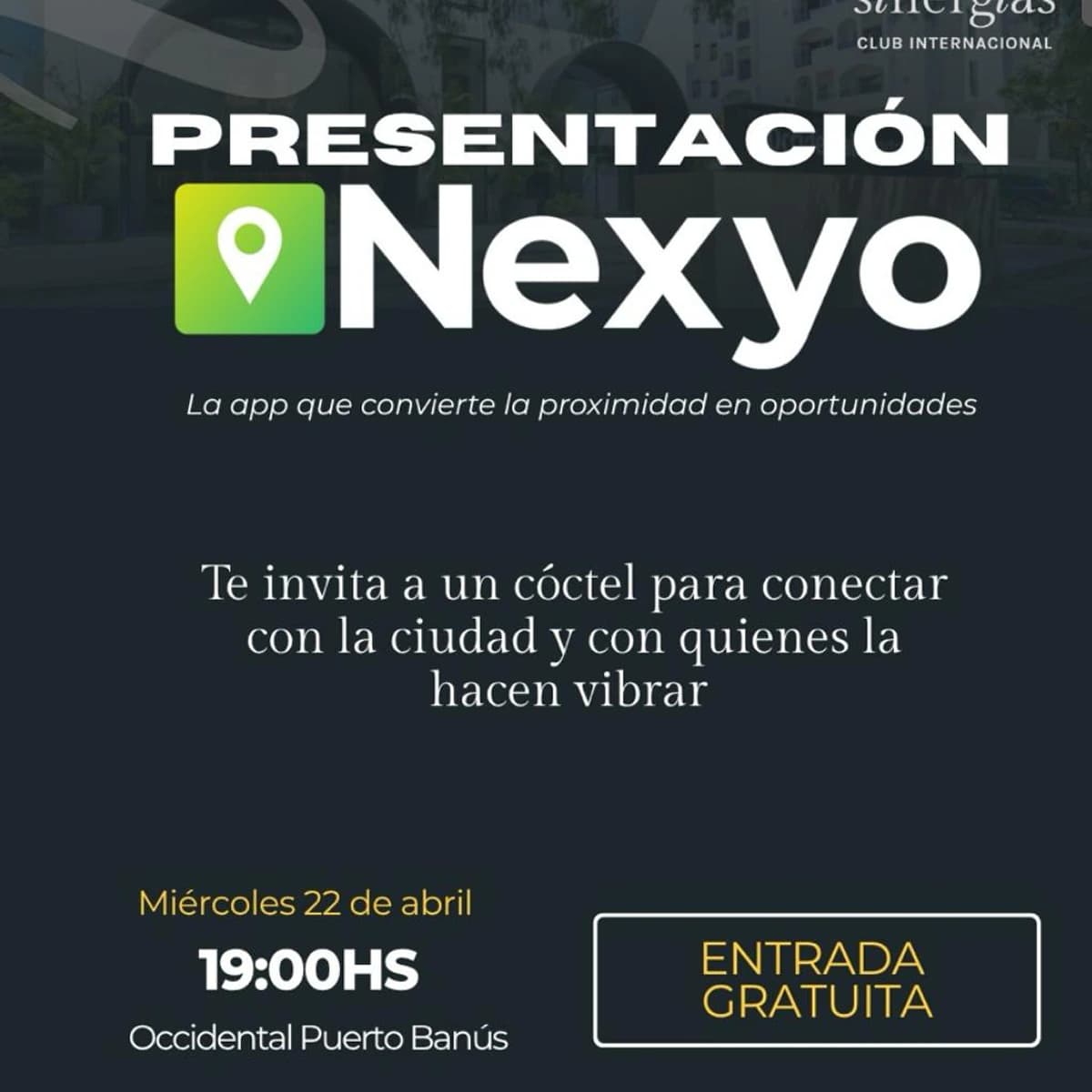 Promotional poster for Nexyo networking event in Marbella showing date, time, and location at Puerto Banús, highlighting free cocktail and limited capacity.