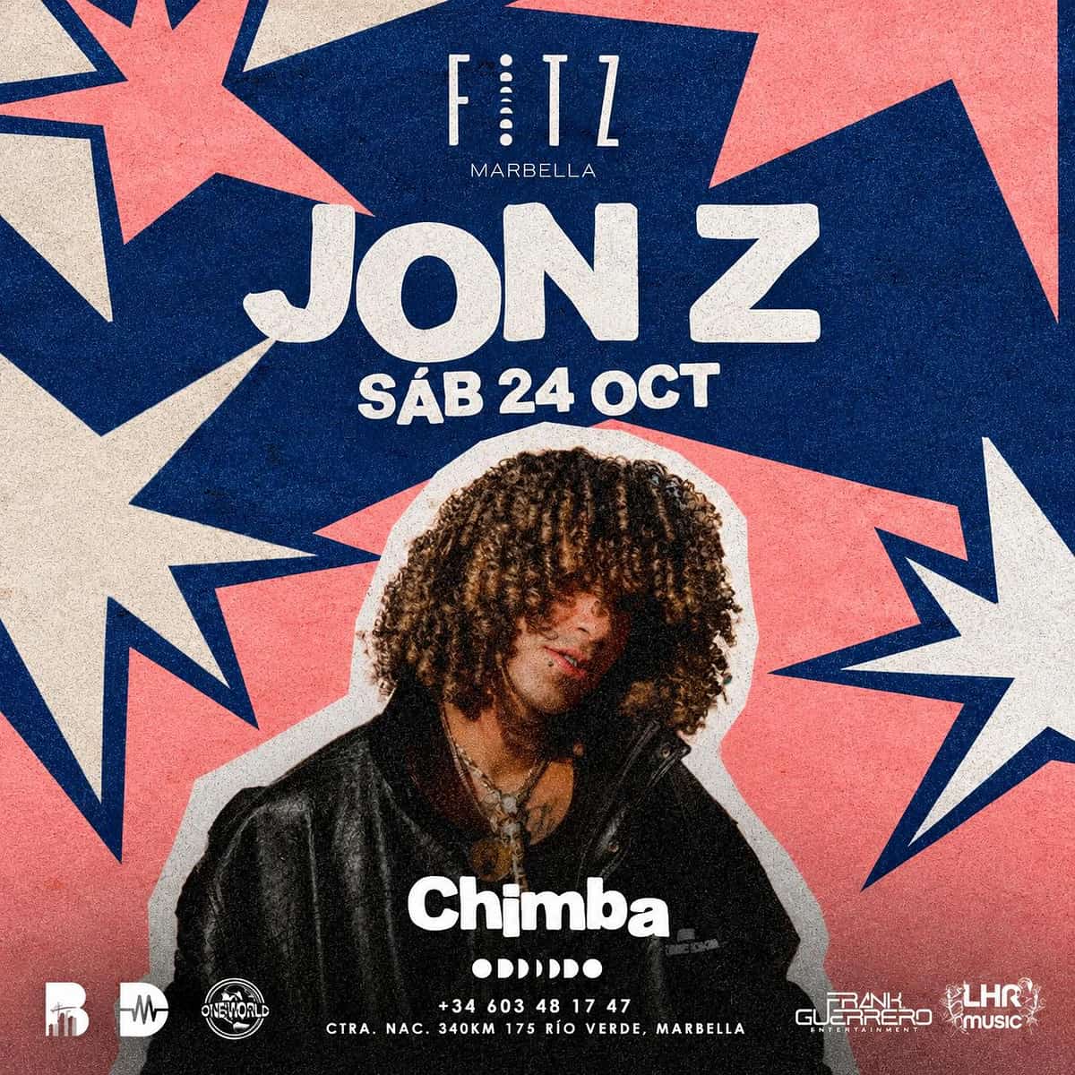 Cartel de Jon Z en FITZ Marbella para el 24 de octubre, con el artista de pelo rizado sobre fondo rosa y azul con estrellas y estética urbana.