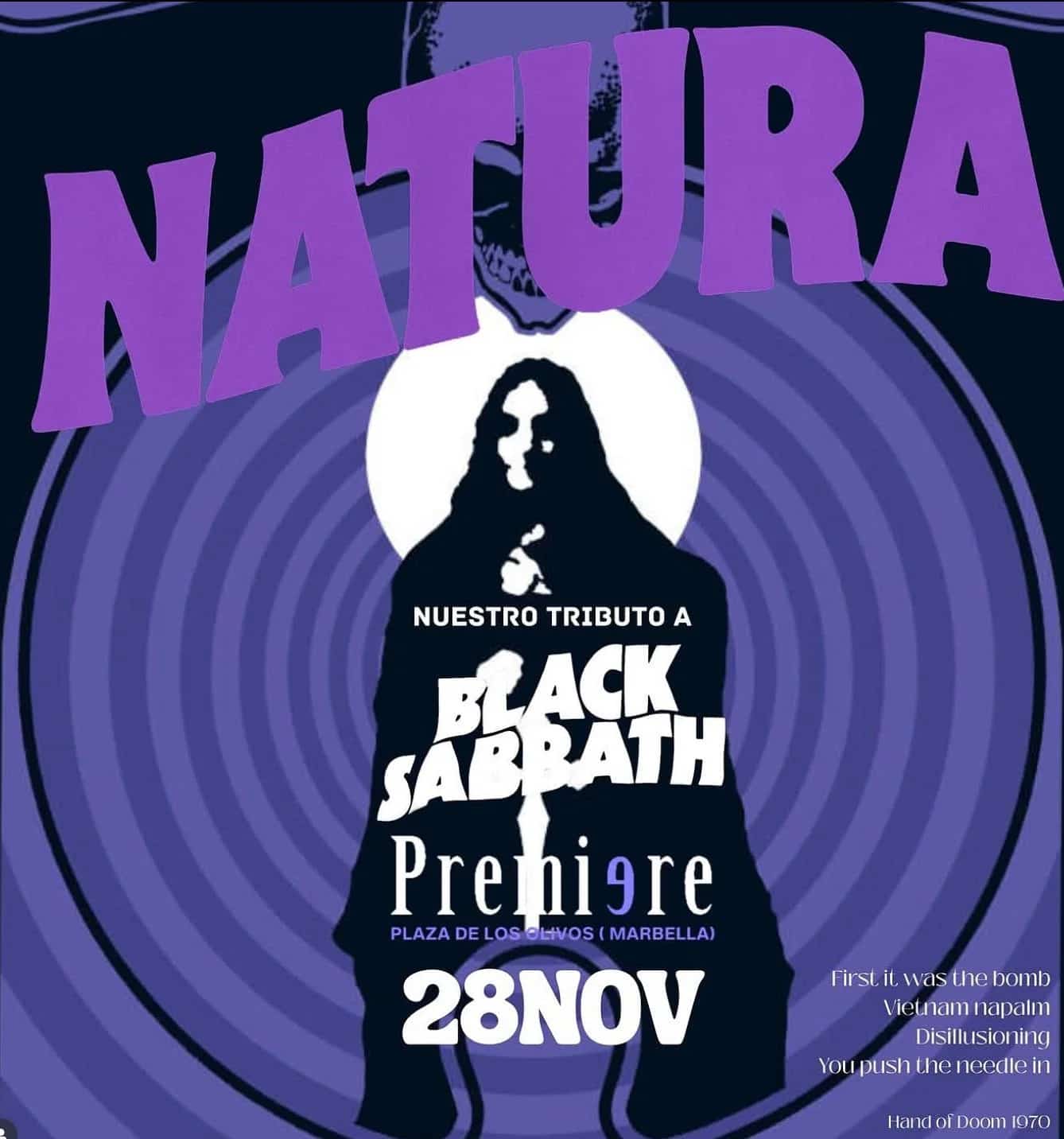 Poster for the Black Sabbath tribute by NATURA at Premiere Club Marbella, featuring a psychedelic purple design, a dark silhouette inside a glowing circle, and the event date “28 NOV”.