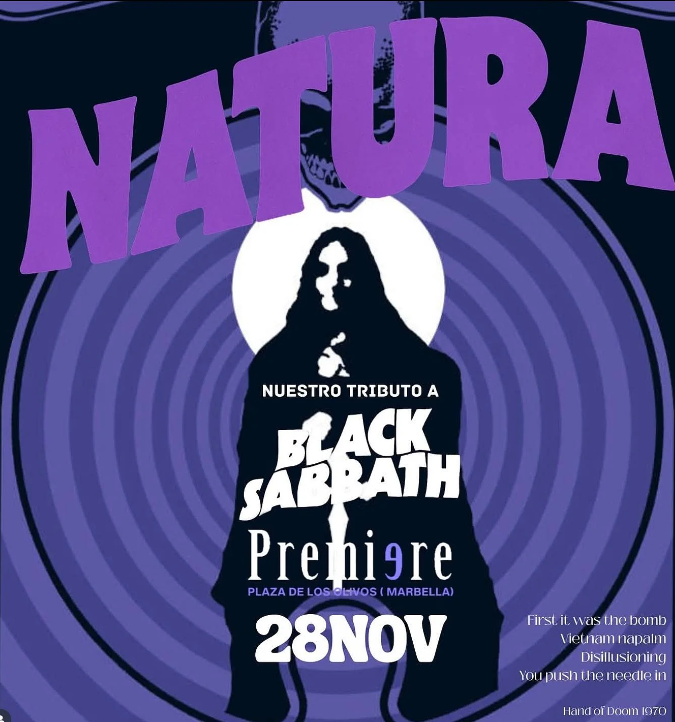 Poster for the Black Sabbath tribute by NATURA at Premiere Club Marbella, featuring a psychedelic purple design, a dark silhouette inside a glowing circle, and the event date “28 NOV”.