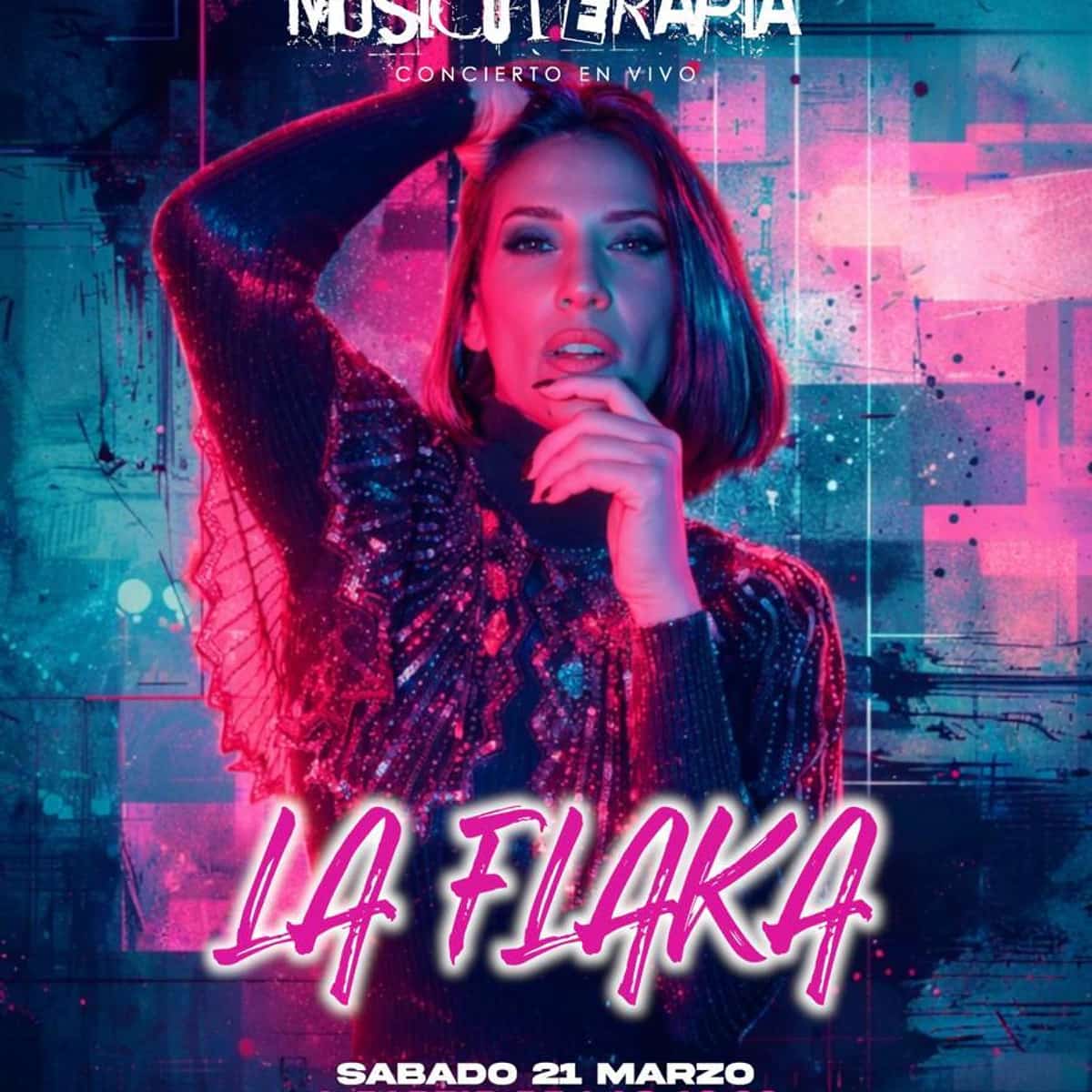 Cartel del evento “Musicoterapia” en A_Terapia con la artista La Flaka, concierto en vivo el sábado 21 de marzo desde las 18:00 en Avenida Las Palmeras, 17 (San Pedro Alcántara)