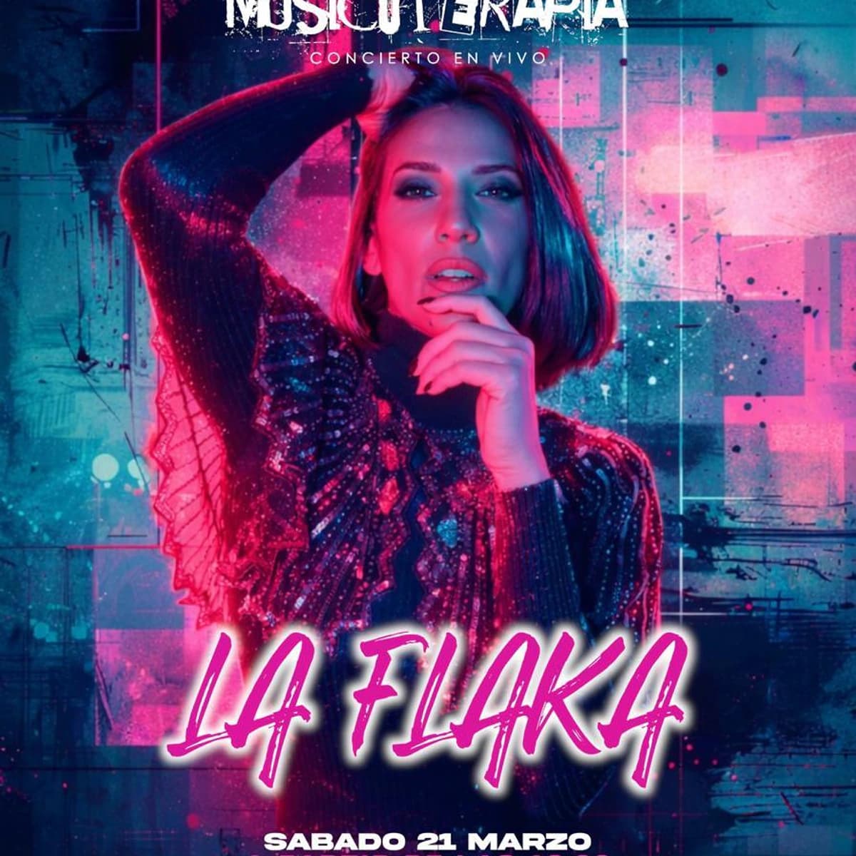 Cartel del evento “Musicoterapia” en A_Terapia con la artista La Flaka, concierto en vivo el sábado 21 de marzo desde las 18:00 en Avenida Las Palmeras, 17 (San Pedro Alcántara)