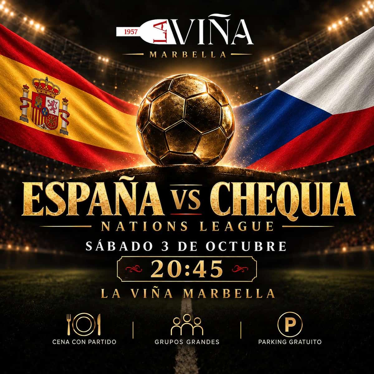 Cartel de España vs Chequia de la Nations League en La Viña Marbella, el sábado 3 de octubre a las 20:45.