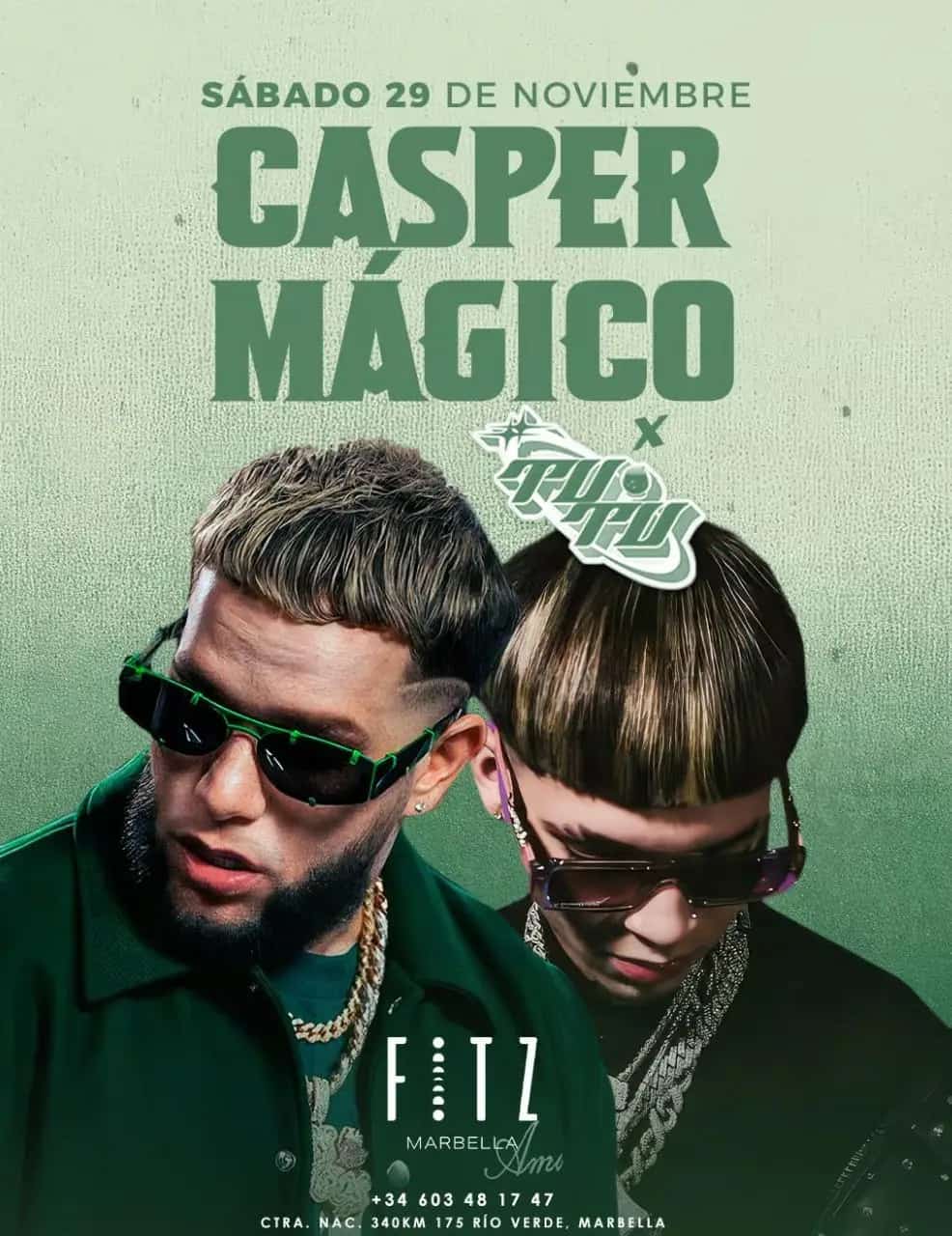 Promotional poster for FITZ Marbella featuring the text “Casper Mágico – Saturday 29 November”, showing two urban artists wearing sunglasses, jewelry and streetwear on a green background for the upcoming event at FITZ.