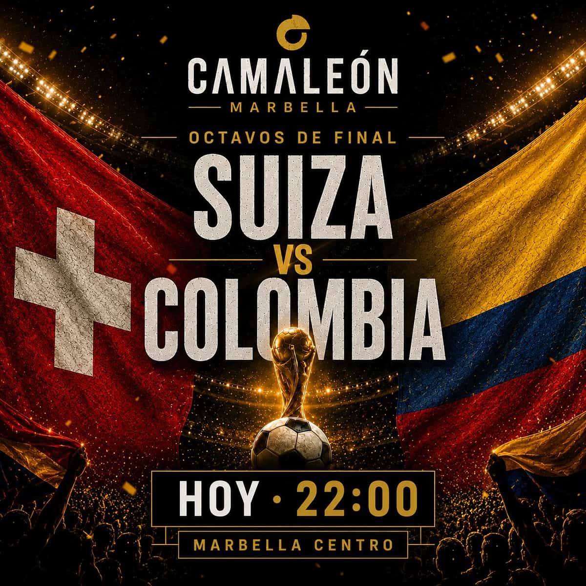 Cartel de retransmisión en directo de Suiza vs Colombia en los octavos del Mundial 2026 con ambiente de fútbol internacional y noche de partido en Marbella centro.