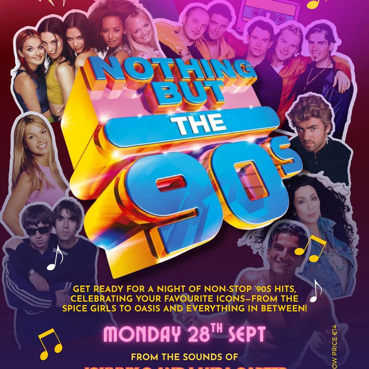Poster for Nothing But The 90s at La Sala Puerto Banús featuring a collage of 1990s music icons and the show announcement for Monday, September 28.