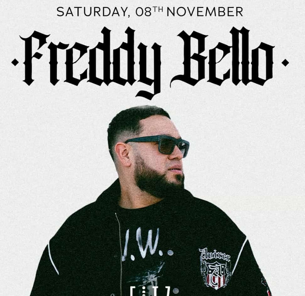 Cartel del evento “Freddy Bello x Fitz Marbella” (sábado 8 de noviembre); primer plano de un hombre con gafas de sol sobre fondo claro. Fiesta de 00:00–06:00 en Fitz Marbella.