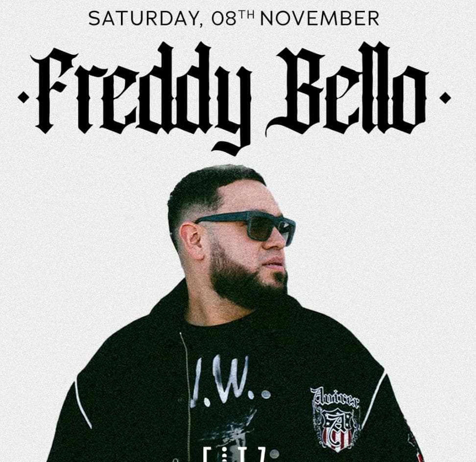 Cartel del evento “Freddy Bello x Fitz Marbella” (sábado 8 de noviembre); primer plano de un hombre con gafas de sol sobre fondo claro. Fiesta de 00:00–06:00 en Fitz Marbella.