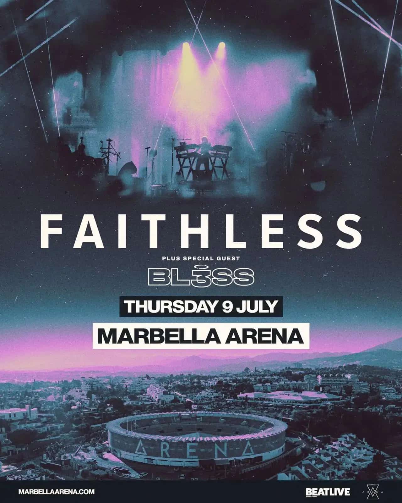 Faithless actuando en directo en un gran concierto de música electrónica en Marbella 2026