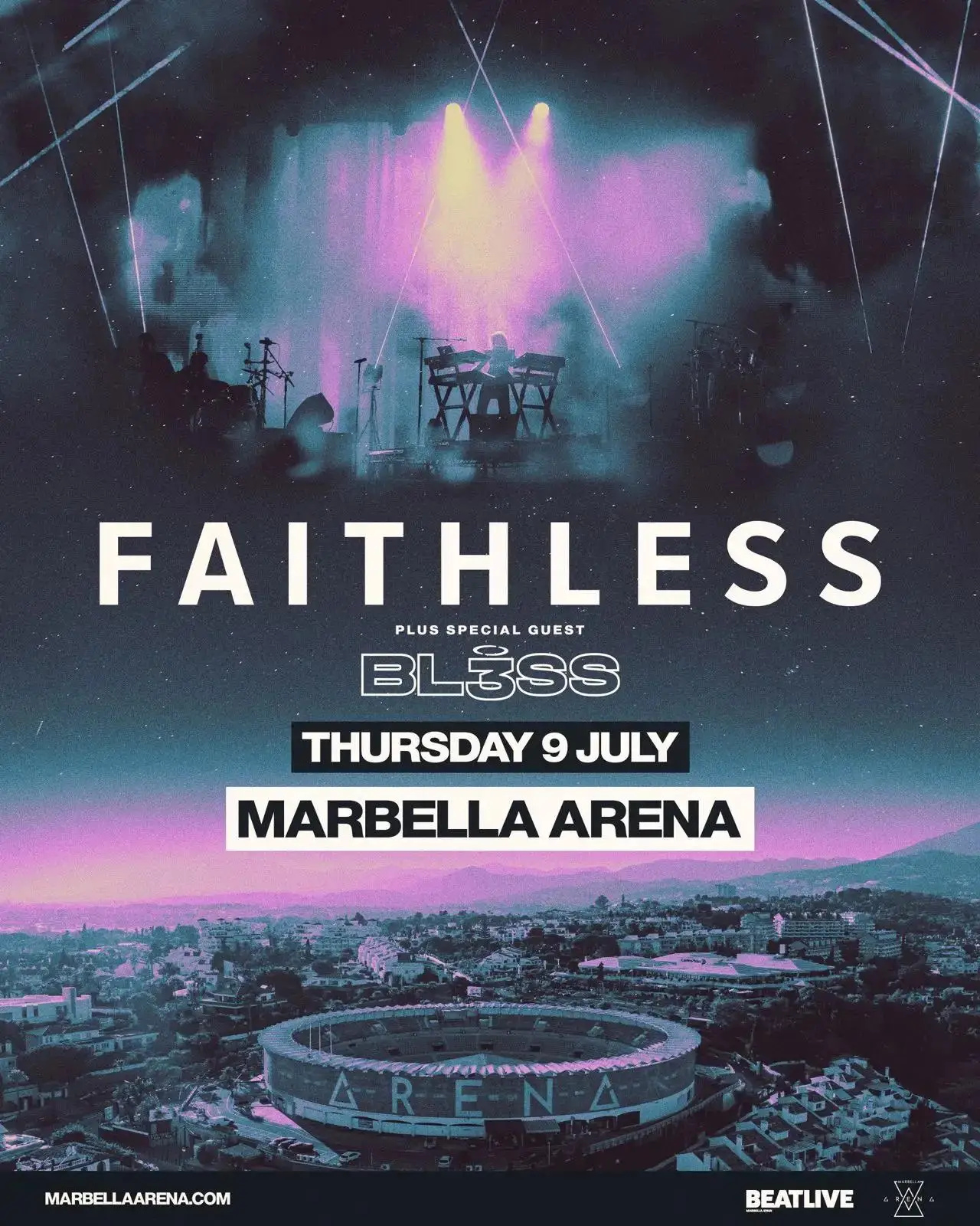 Faithless actuando en directo en un gran concierto de música electrónica en Marbella 2026