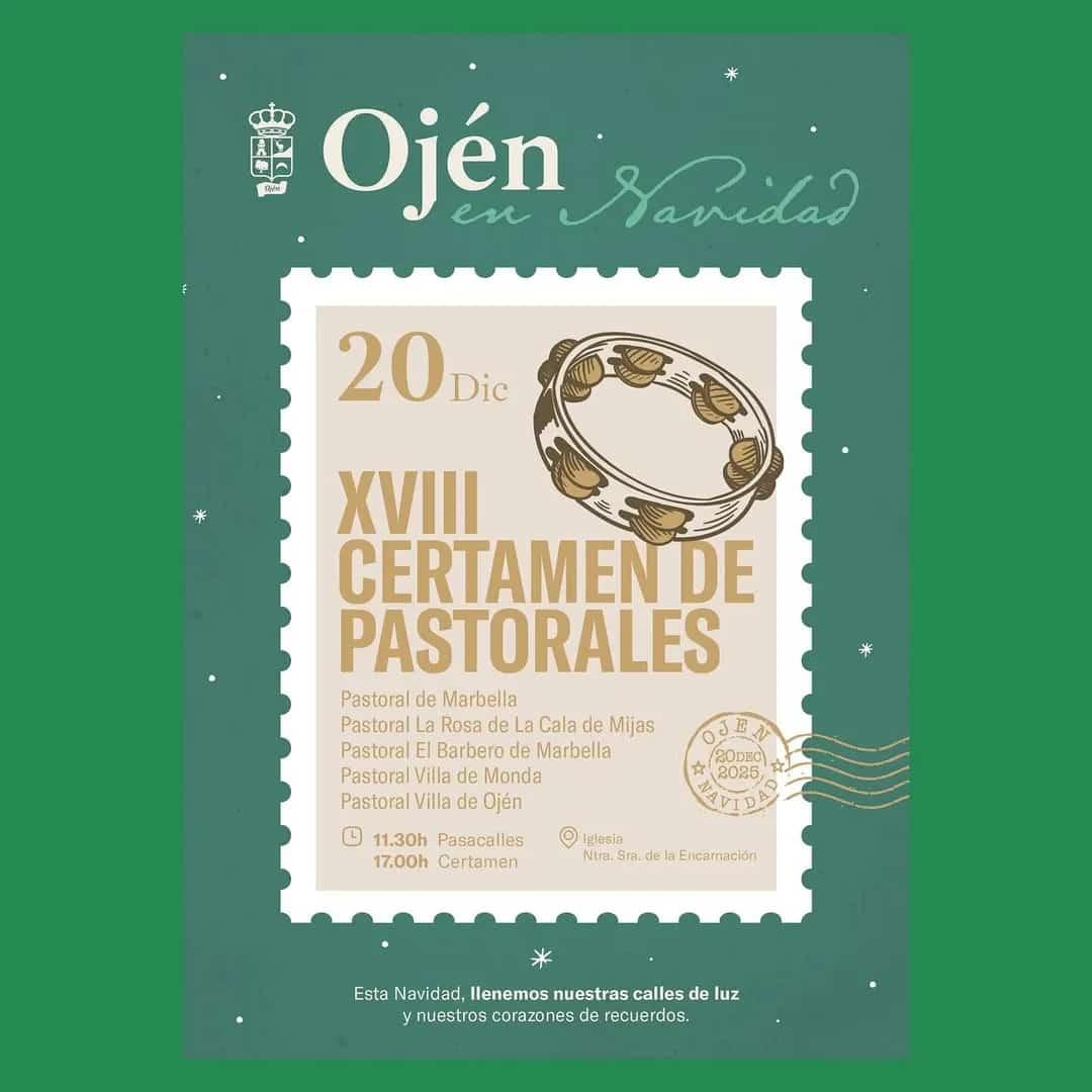 Event poster for XVIII Pastorales Contest in Ojén, December 20, 2025, featuring group names and times, with festive decorations.