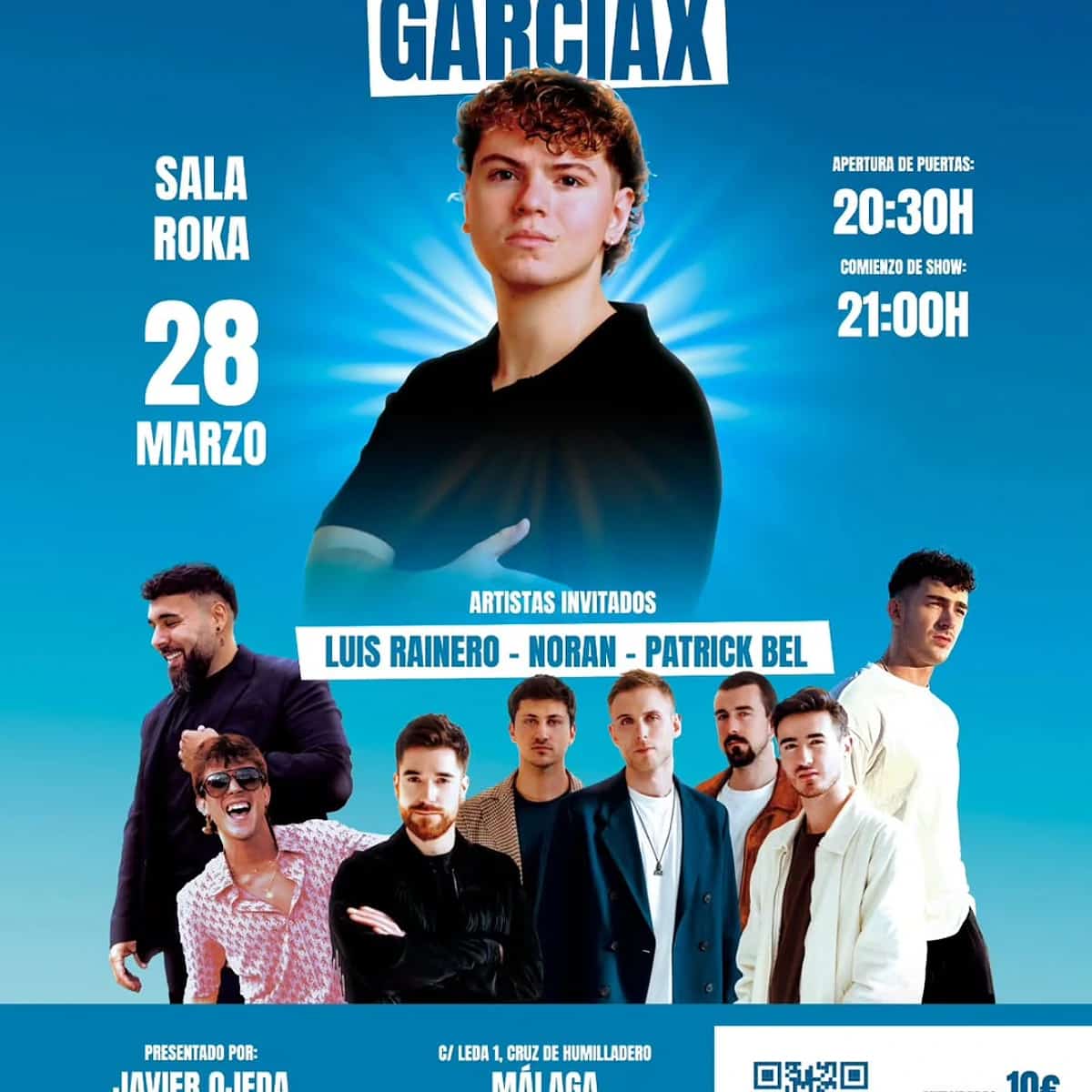 Cartel promocional del concierto de GarciaX en Sala Roka el 28 de marzo. Aparece el artista principal en el centro con fondo azul y varios artistas invitados debajo. Incluye horarios de apertura de puertas a las 20:30h y comienzo del show a las 21:00h.