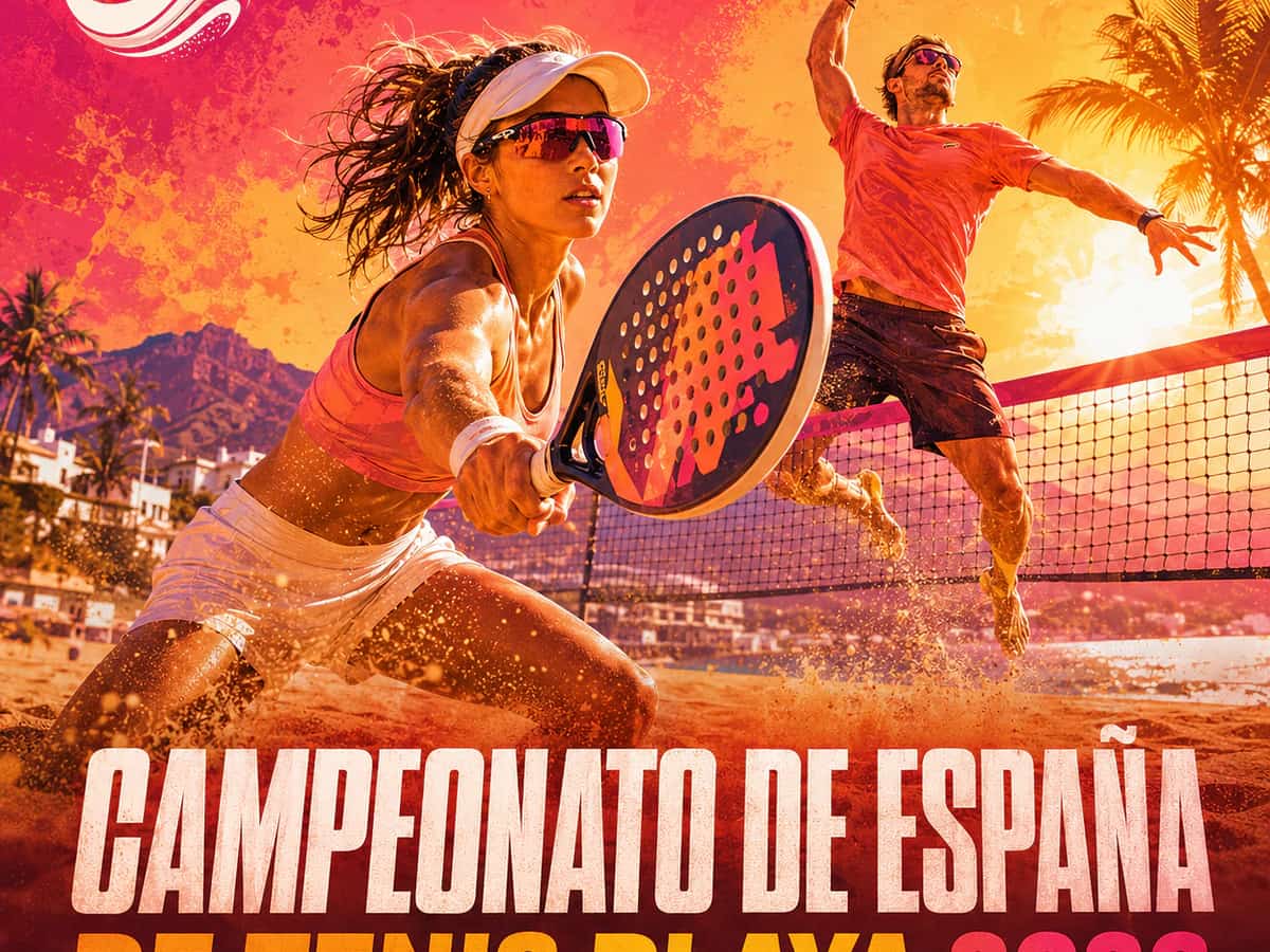 Portada del Campeonato de España de Tenis Playa 2026 en Marbella, con jugadores en acción sobre arena y ambiente deportivo mediterráneo.