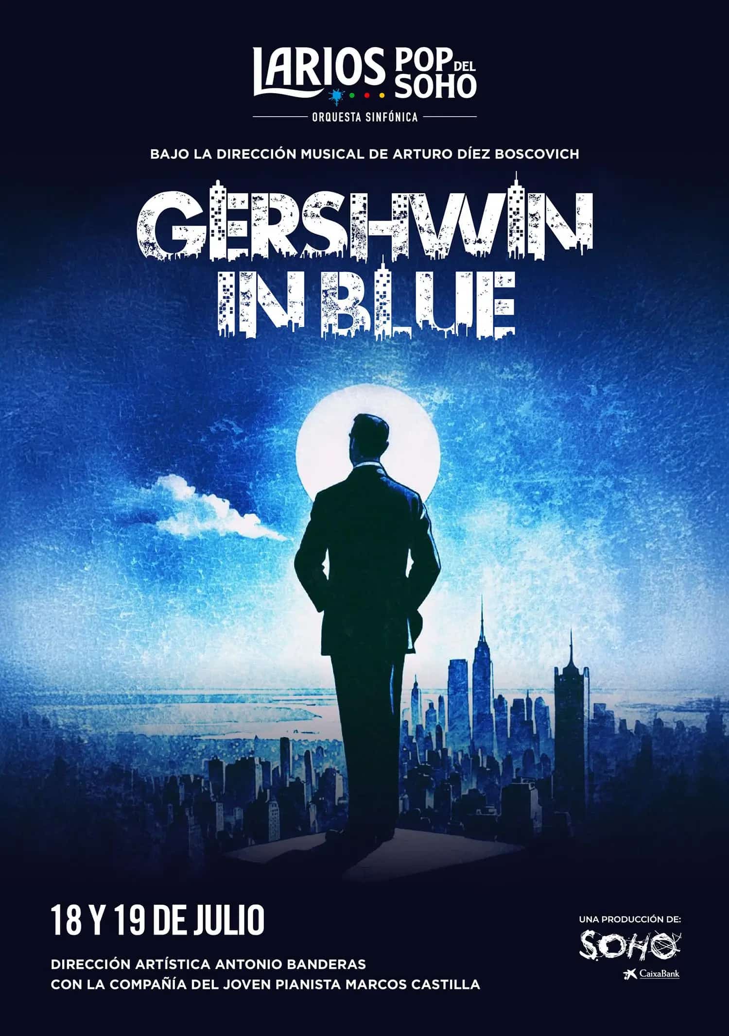Gershwin in Blue concert in Málaga 2026 with Larios Pop del Soho Orchestra and pianist Marcos Castilla performing Rhapsody in Blue