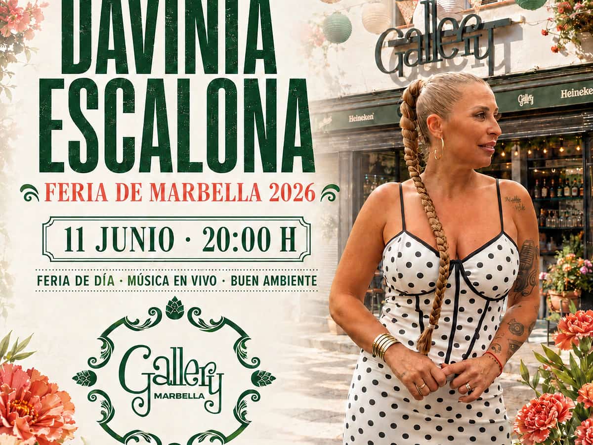 Cartel de Davinia Escalona para la Feria de Marbella 2026 en Gallery Marbella, con actuación en directo el 11 de junio a las 20:00 en Marbella centro.