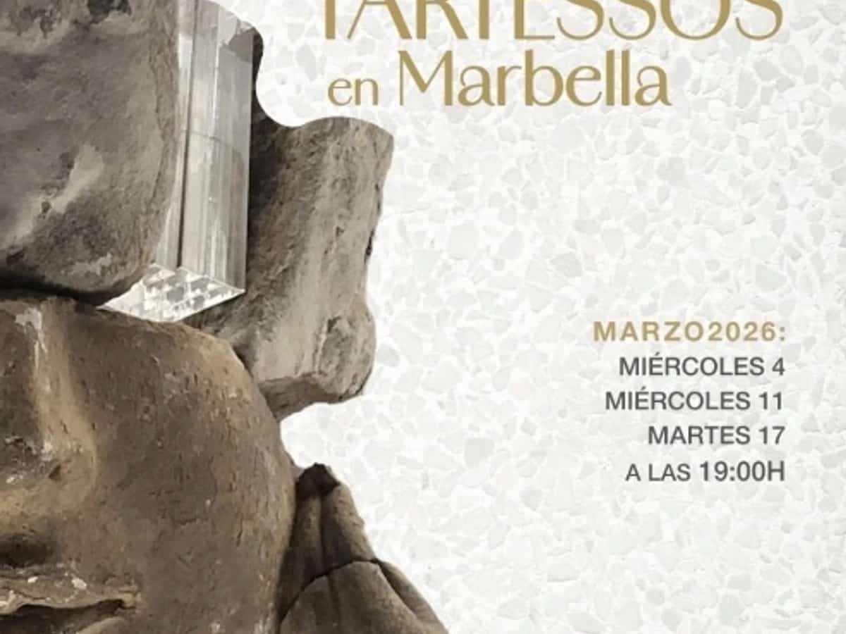 Cartel de las Jornadas sobre Tartessos en Marbella con escultura antigua y fechas de conferencias en marzo en el Hospital Real de la Misericordia.