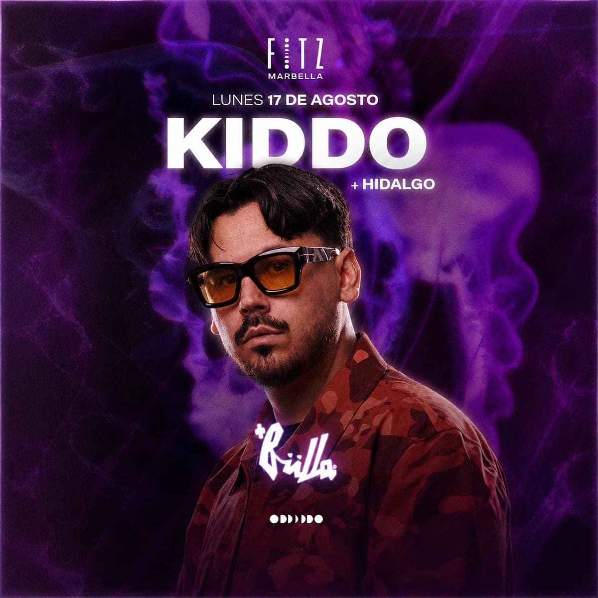 Cartel de Kiddo + Hidalgo x Bulla en FITZ Marbella para el lunes 17 de agosto, con fondo morado de club, retrato del artista con gafas y camisa roja, texto blanco grande y logo de Bulla.