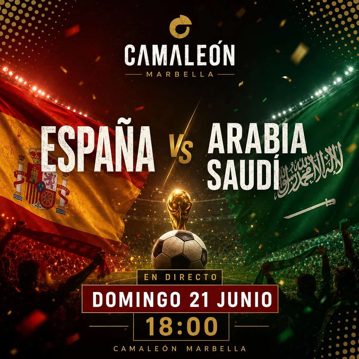 Cartel de Camale贸n Marbella con el calendario de Espa帽a en el Mundial 2026, destacando el partido Espa帽a vs Arabia Saud铆 del domingo 21 de junio a las 18:00.