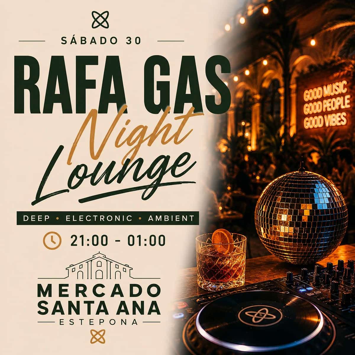 Cartel de Rafa Gas Night Lounge en Mercado Santa Ana Estepona con estética nocturna, electrónica deep y ambiente elegante.