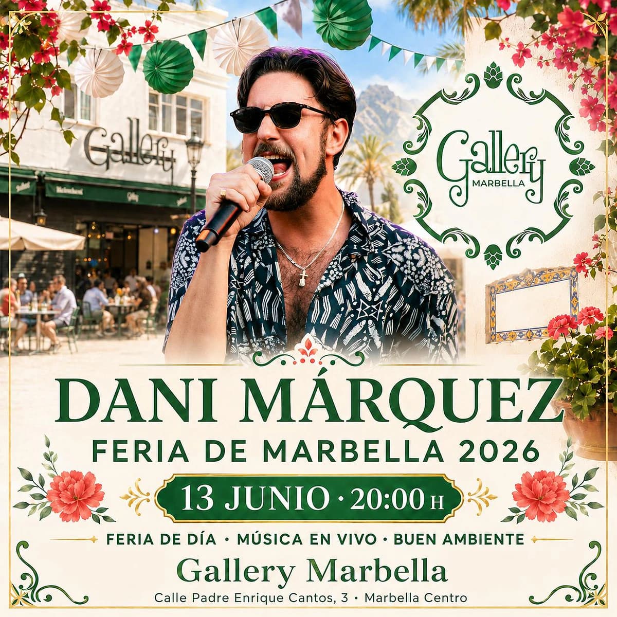 Poster for Dani Márquez at Gallery Marbella during Marbella Fair 2026, announcing his live performance on Saturday, June 13 at 8:00 PM in Marbella centre.