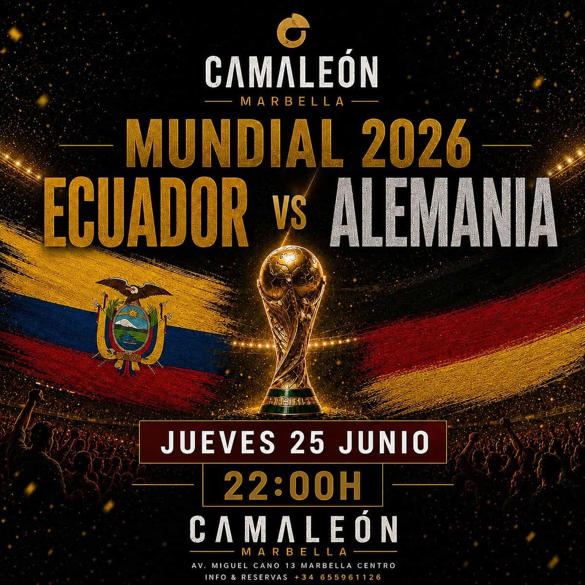 Cartel de retransmisión en directo de Ecuador vs Alemania en el Mundial 2026 con ambiente de fútbol internacional y plan de noche en Marbella centro.