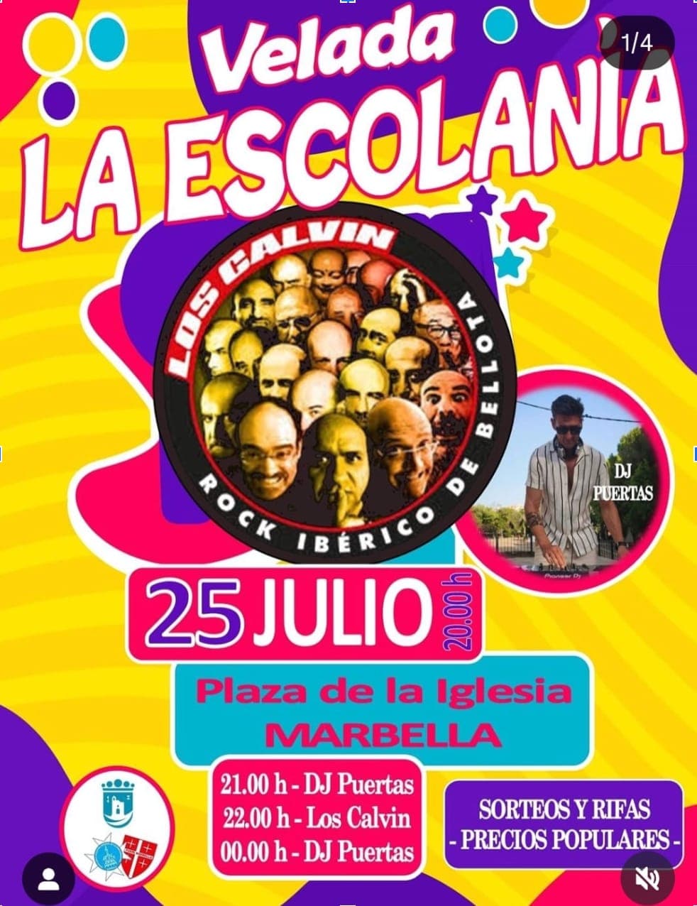 Velada La Escolanía en Marbella 🎉 con Los Calvin y DJ Puertas – Música, sorteos y diversión Póster