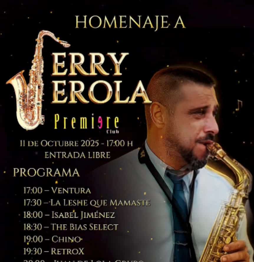 Poster for the Tribute to Jerry Erola showing date, time, free entry and hour-by-hour program with closing jam session.