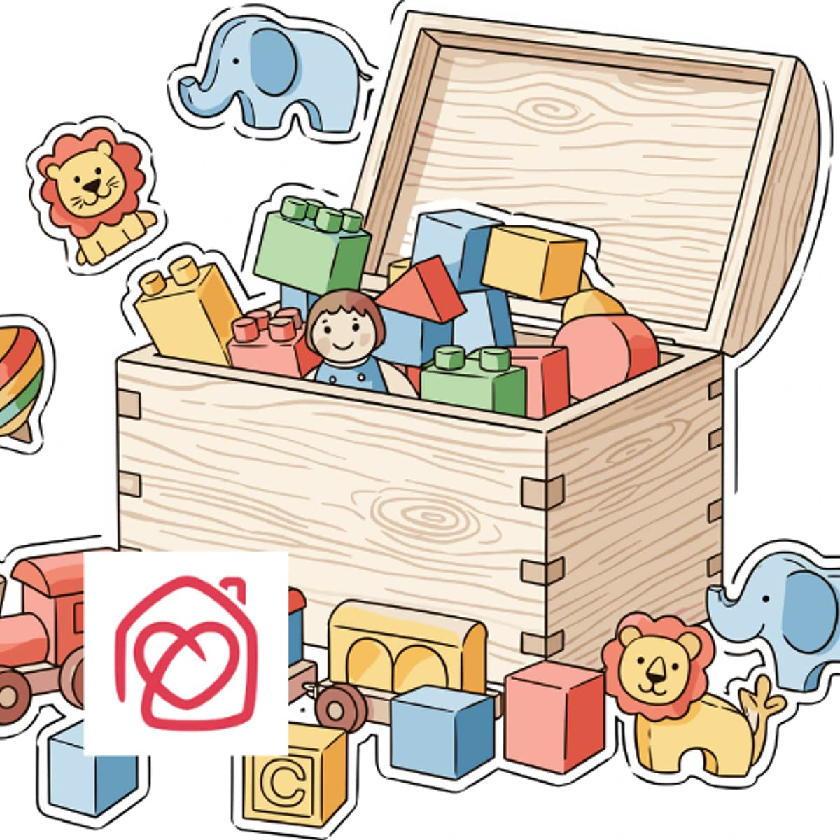 Inclusive playroom at Casa Ángeles (Marbella): illustration of a toy box with blocks and animals, promoting a creative afternoon of kids’ games.
