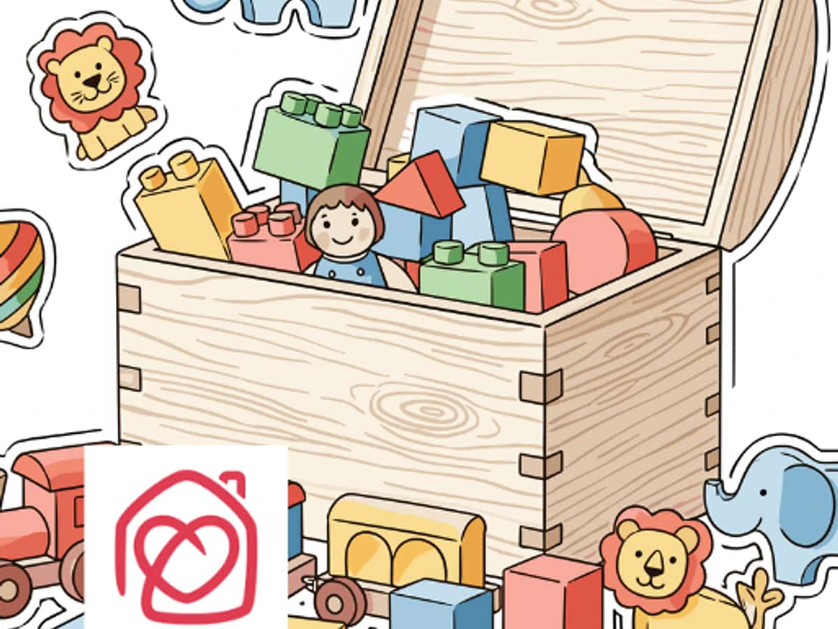 Inclusive playroom at Casa Ángeles (Marbella): illustration of a toy box with blocks and animals, promoting a creative afternoon of kids’ games.