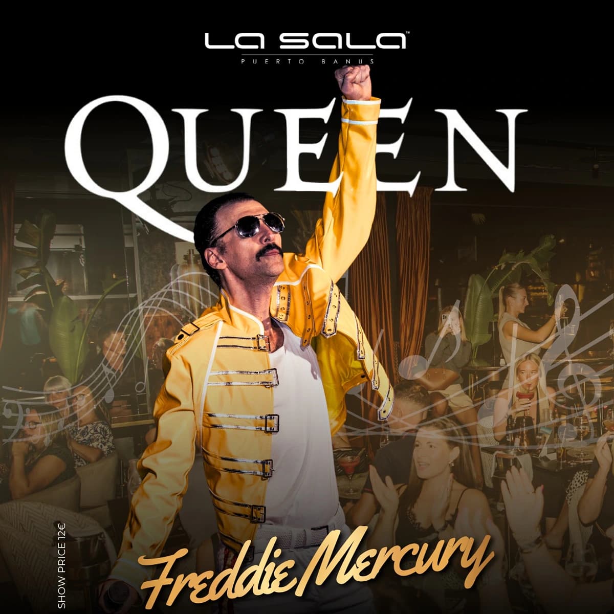Poster for a Queen Tribute at La Sala Puerto Banús featuring a performer dressed as Freddie Mercury raising his fist in front of a concert-style crowd backdrop.