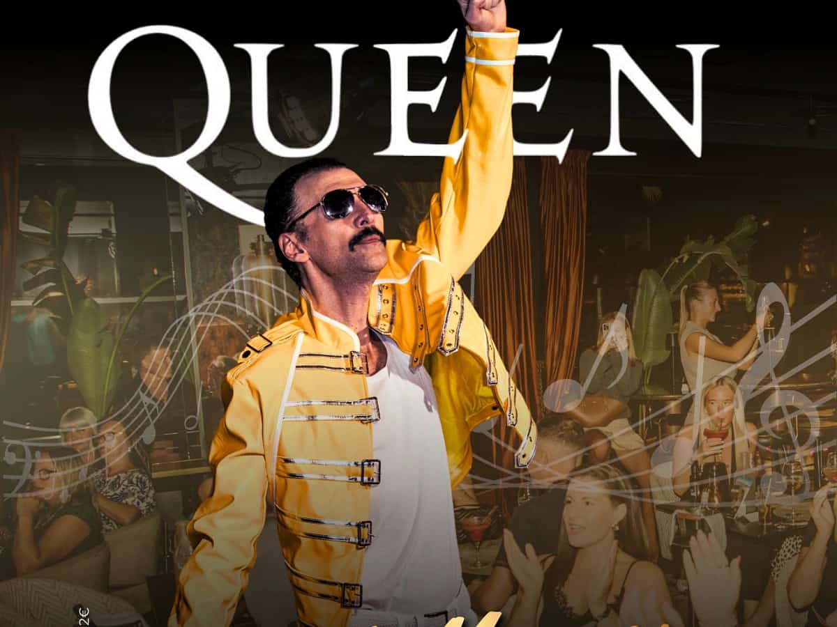 Poster for a Queen Tribute at La Sala Puerto Banús featuring a performer dressed as Freddie Mercury raising his fist in front of a concert-style crowd backdrop.