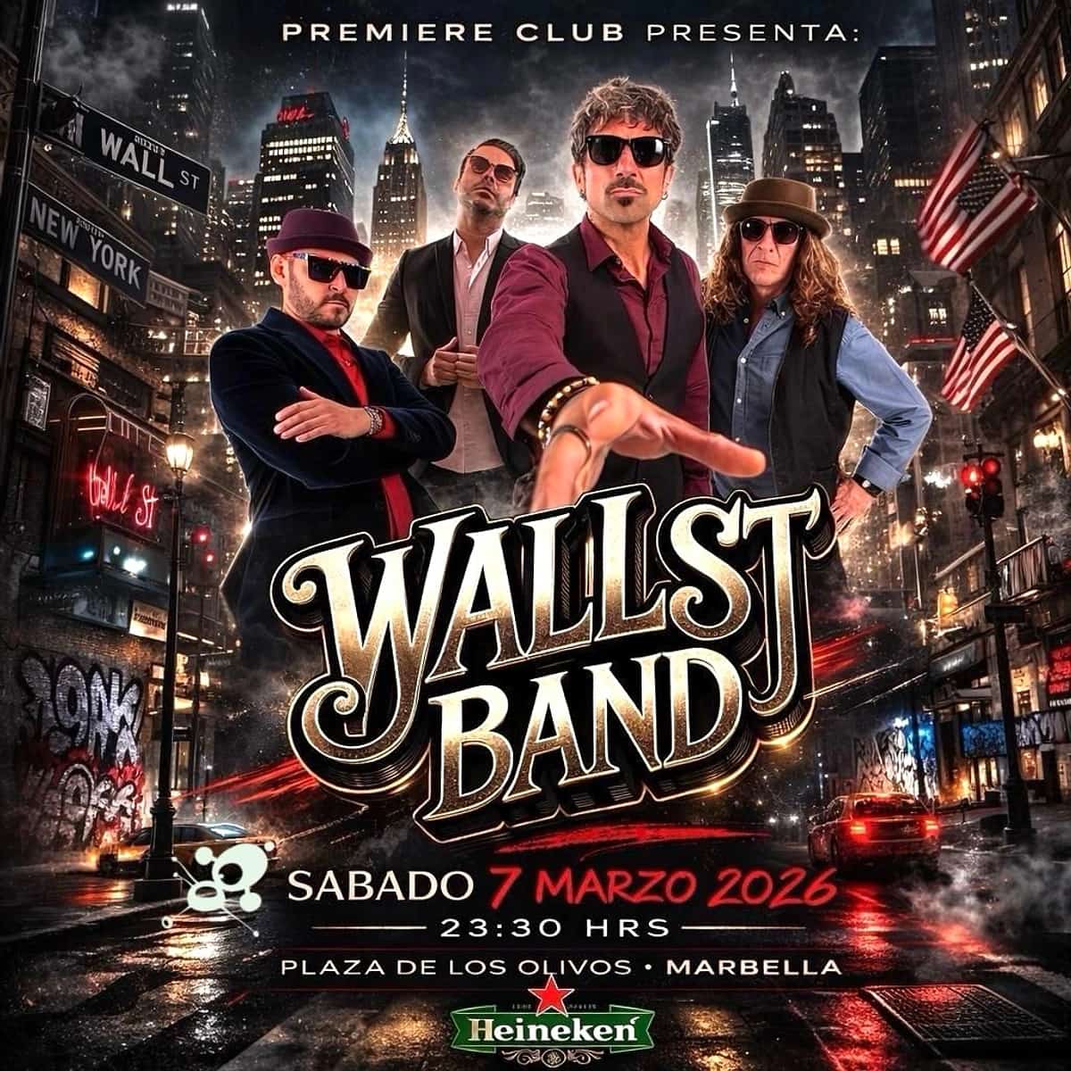 Concierto de Wall Street Band en Premiere Club Marbella el 7 de marzo de 2026 a las 23:30, música en directo con entrada libre en Plaza de los Olivos.