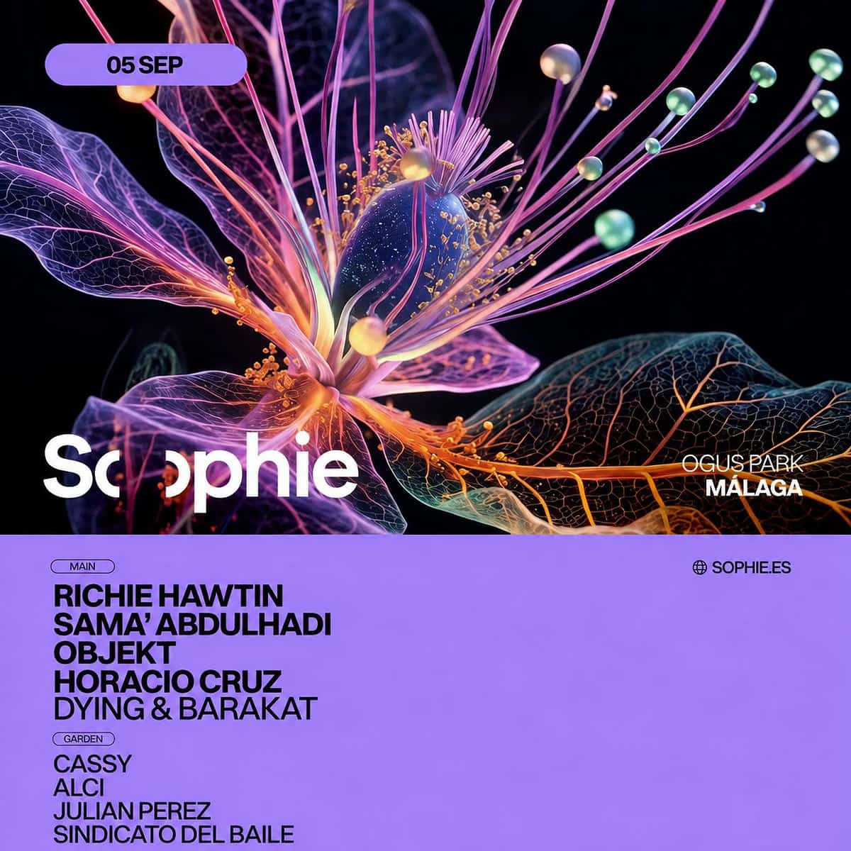 Cartel de Sophie CH#6 con diseño floral abstracto en tonos morados y negros, destacando a Richie Hawtin, Sama' Abdulhadi, Objekt y el resto del cartel del festival en Ogus Park, Málaga.