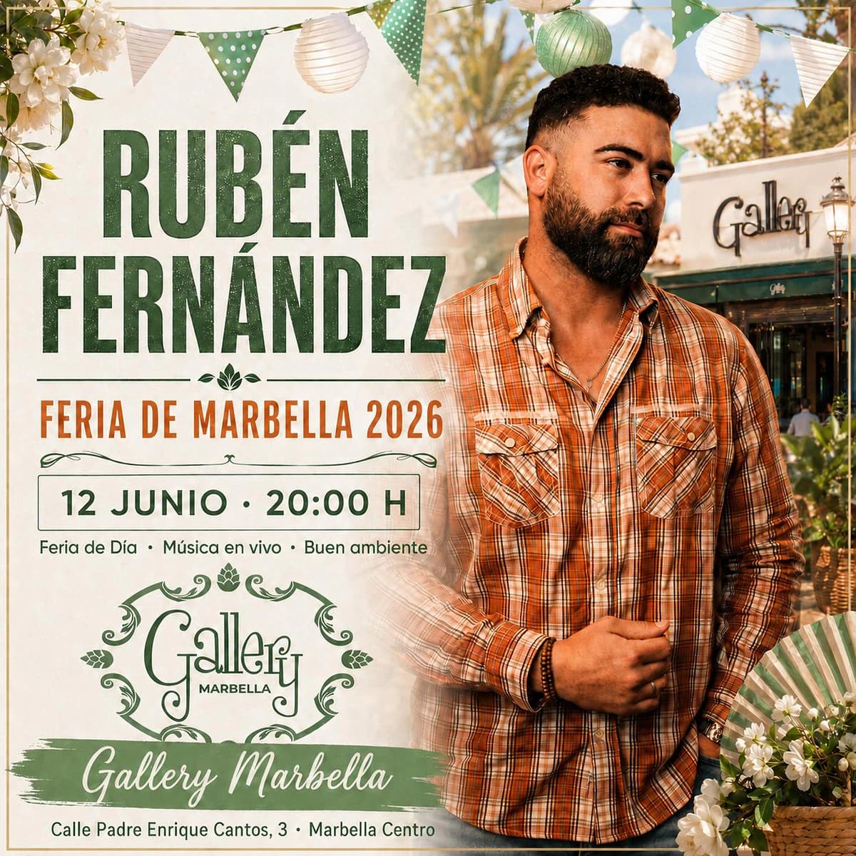 Cartel de Rubén Fernández para la Feria de Marbella 2026 en Gallery Marbella, con actuación el 12 de junio a las 20:00 en Marbella centro.