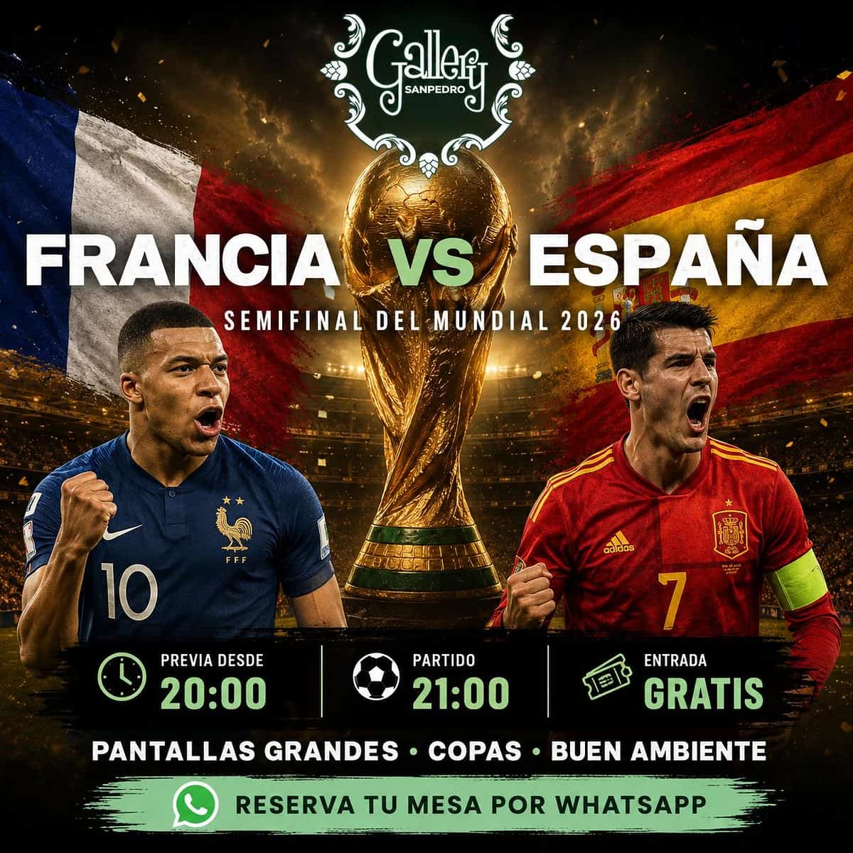 Poster for Spain vs Belgium World Cup 2026 quarter-final at Gallery San Pedro, featuring football atmosphere, pre-match drinks and big-screen viewing.
