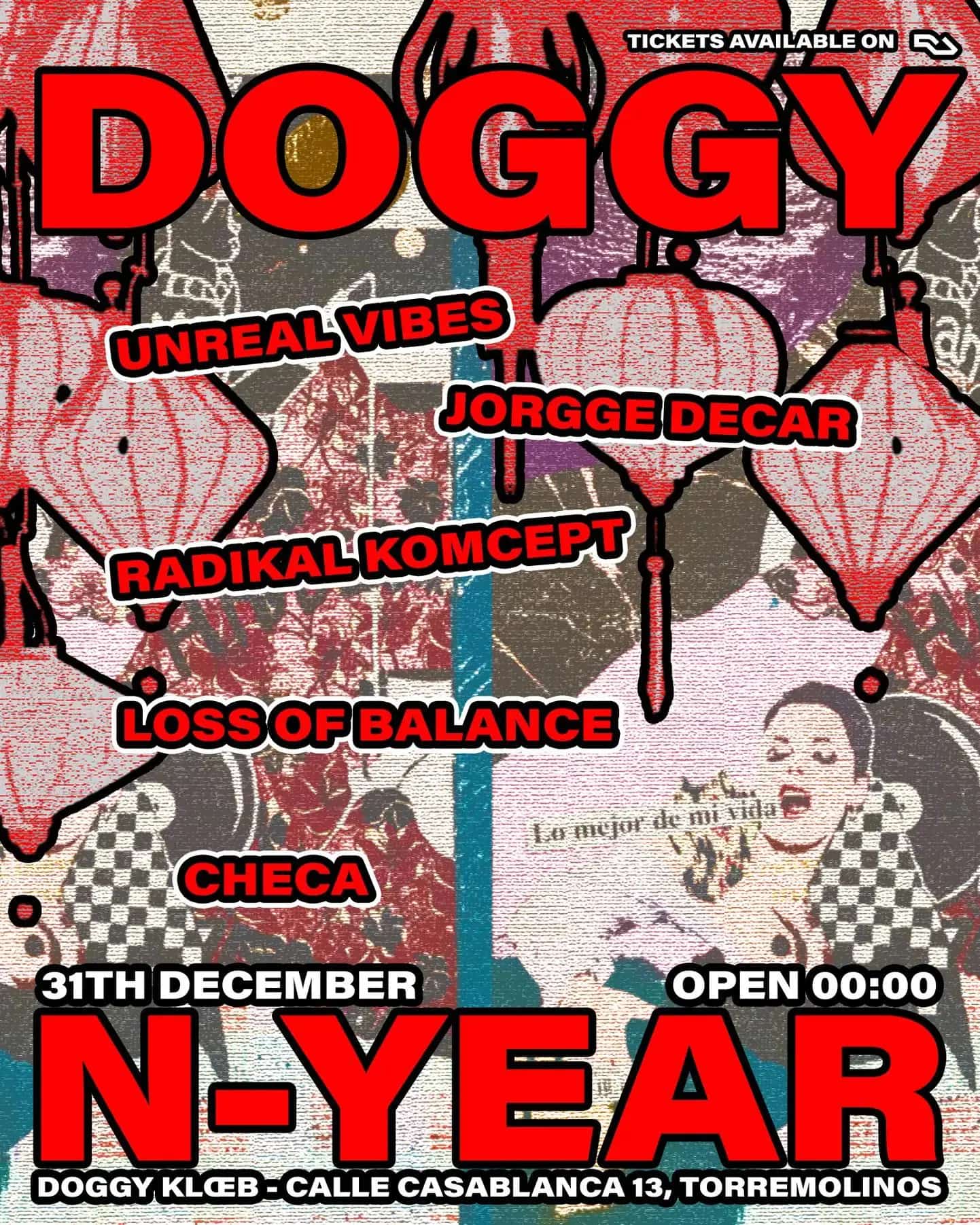 New Year’s Eve celebration at Doggy Klœb with DJs, low lights, and crowd enjoying electronic music.