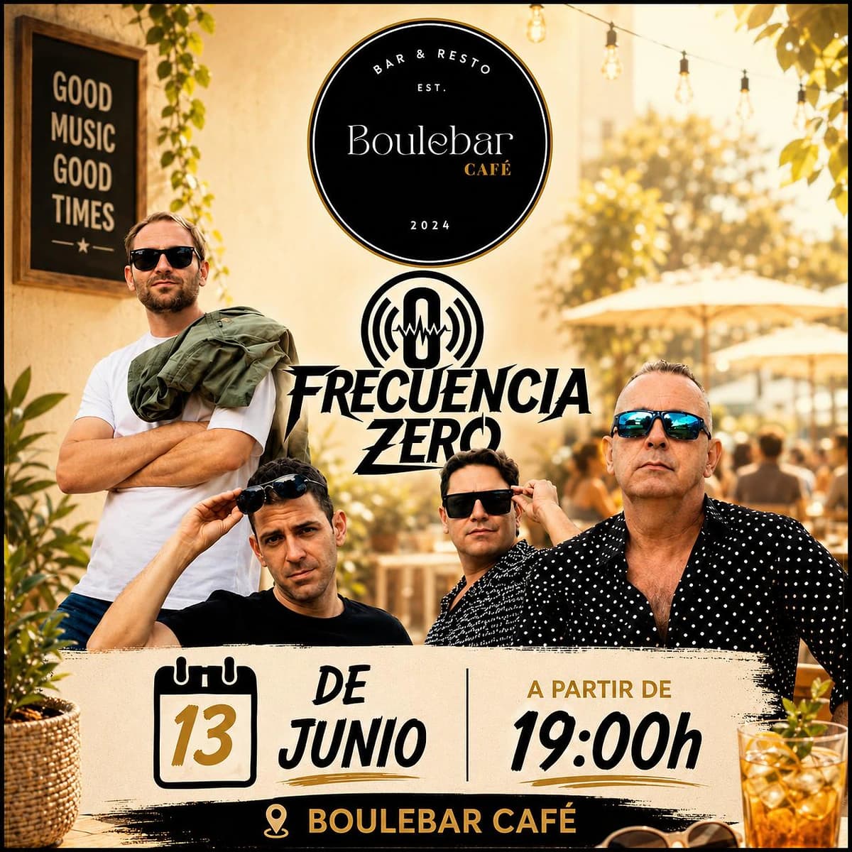 Poster for Frecuencia Zero at Boulebar Café, a pop, rock and indie covers concert in San Pedro Alcántara during San Bernabé Fair Marbella 2026 week.