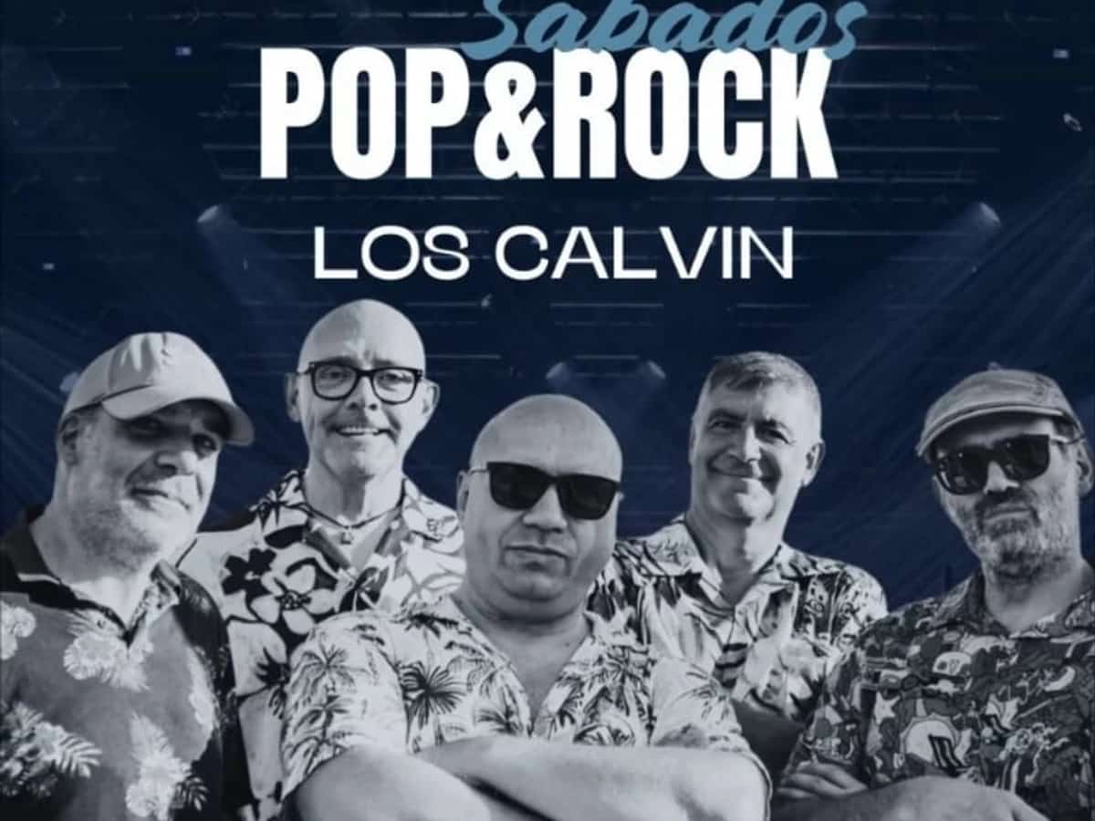 Cartel del concierto de Los Calvin en 360 Blue Sky Rooftop con foto de la banda, anuncio de tardeo pop rock, fecha del 28 de marzo y entrada gratuita.