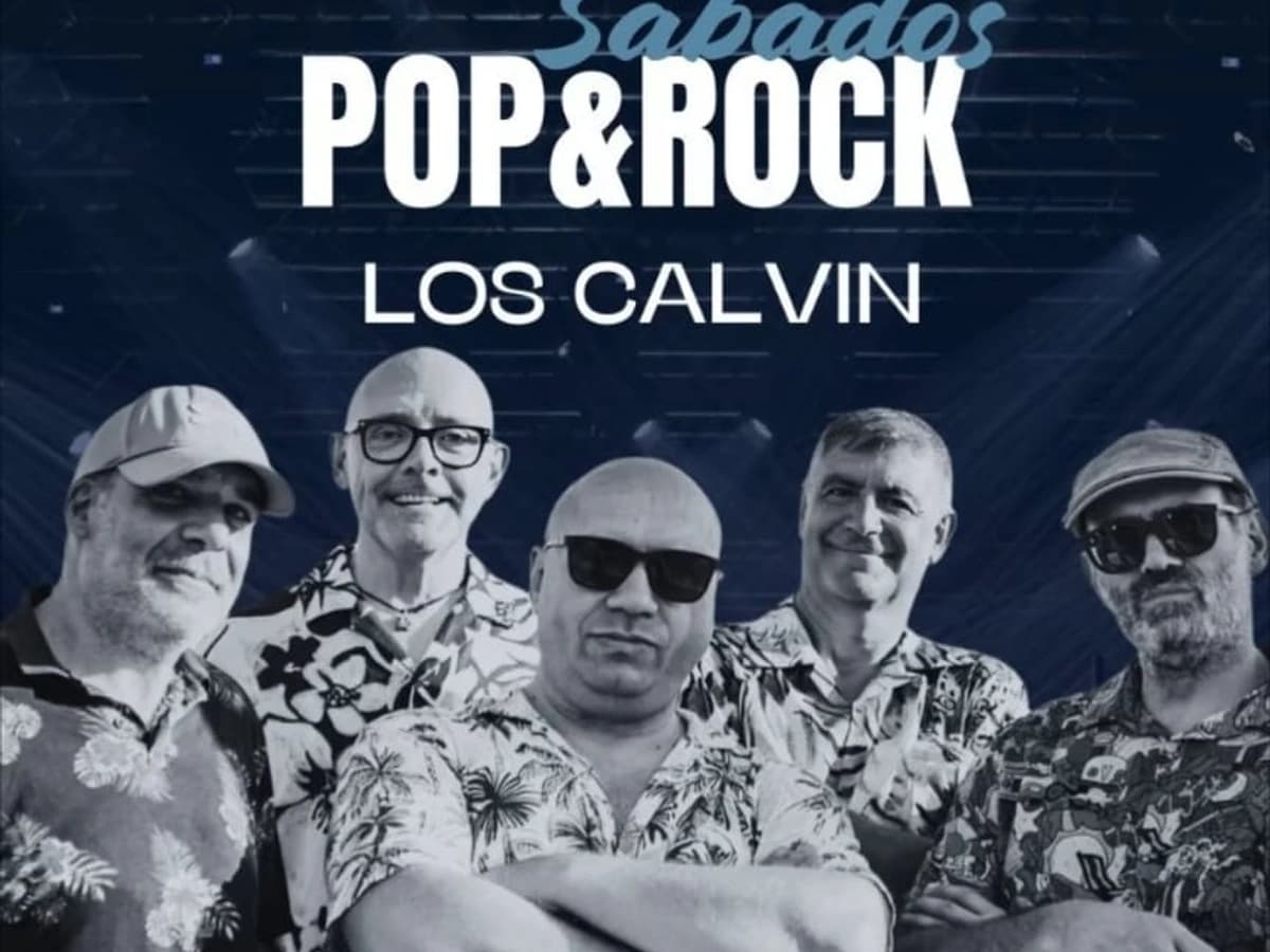 Cartel del concierto de Los Calvin en 360 Blue Sky Rooftop con foto de la banda, anuncio de tardeo pop rock, fecha del 28 de marzo y entrada gratuita.