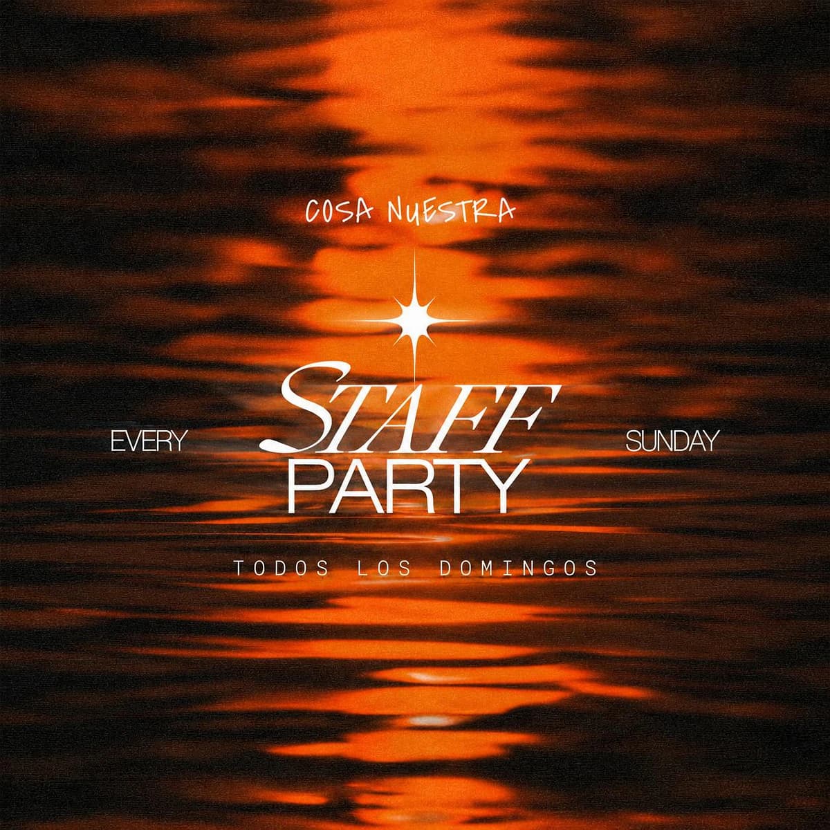 Cartel naranja de Staff Party en Cosa Nuestra Málaga, fiesta de todos los domingos con diseño de reflejos sobre el agua y fondo oscuro.